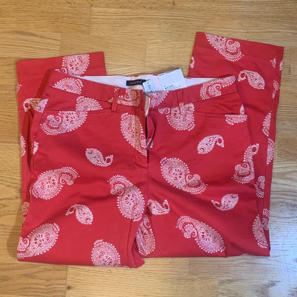 LANDS END Mid Rise/Straight Leg Pants Cherry Red Paisley Pattern Size 12 - Picture 4 of 4